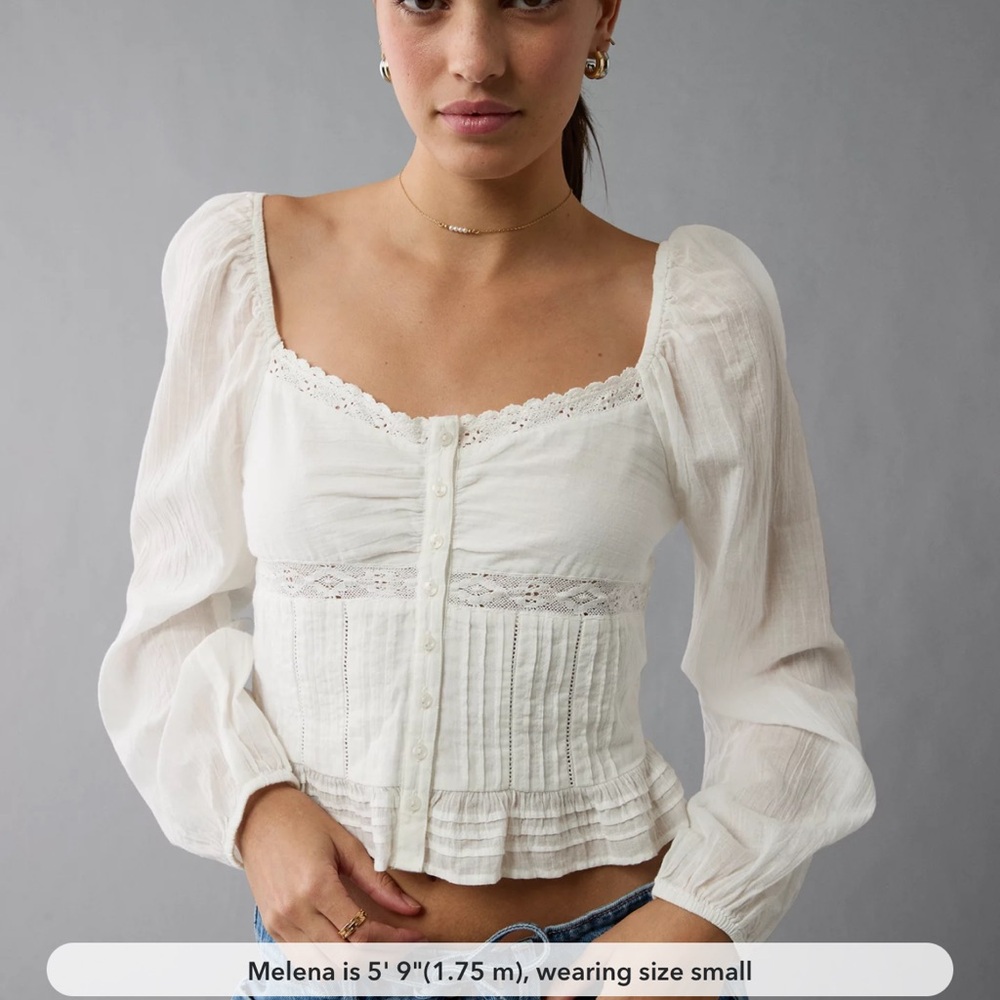 American Eagle Outfitters White Lace-Trim Square Neck Peasant Blouse